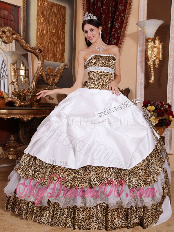 White Organza and Leopard Hand Made Flower Quinceanera Dress