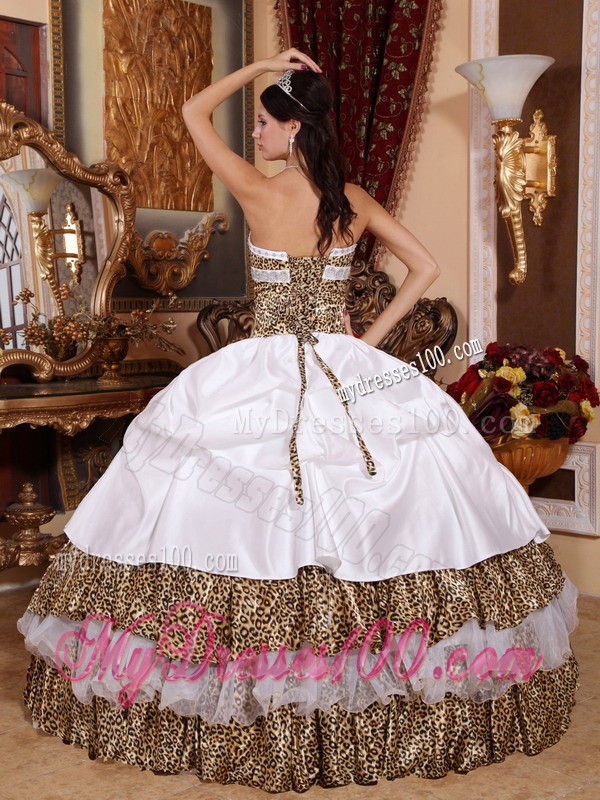 White Organza and Leopard Hand Made Flower Quinceanera Dress
