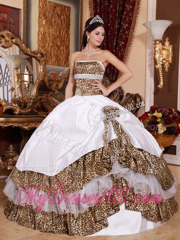 White Organza and Leopard Hand Made Flower Quinceanera Dress