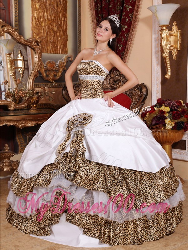 White Organza and Leopard Hand Made Flower Quinceanera Dress