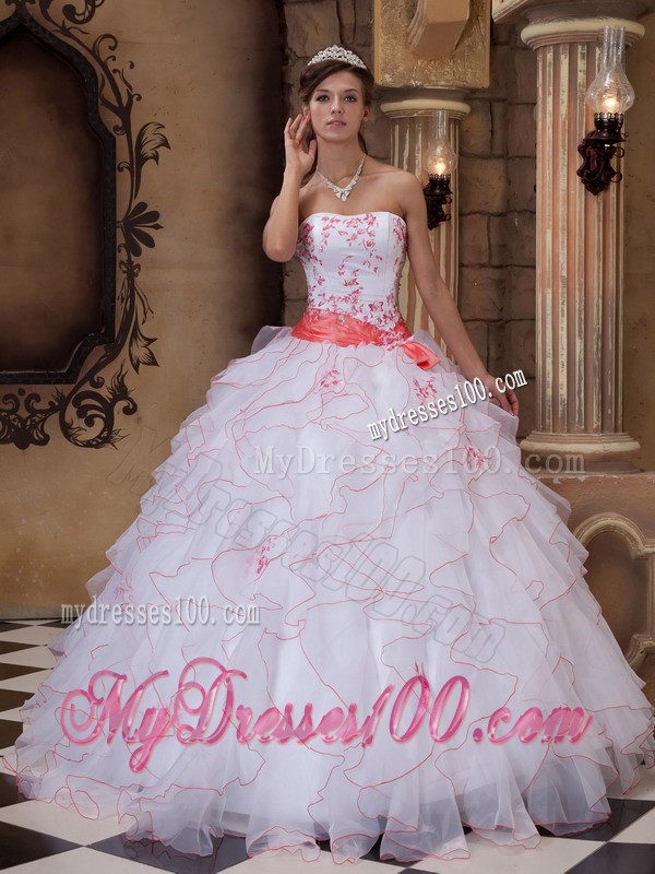 White Floor-length Strapless Organza Embroidery Quince Dress with Pink Belt