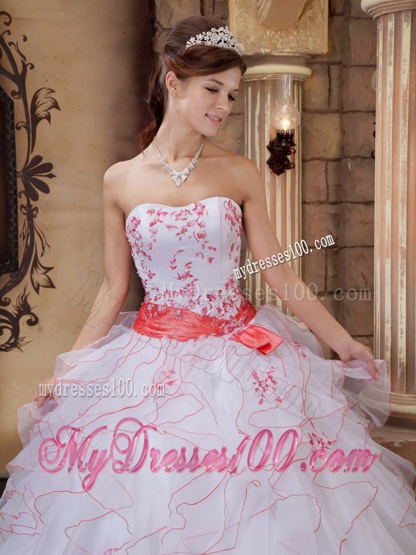 White Floor-length Strapless Organza Embroidery Quince Dress with Pink Belt