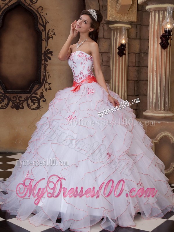 White Floor-length Strapless Organza Embroidery Quince Dress with Pink Belt