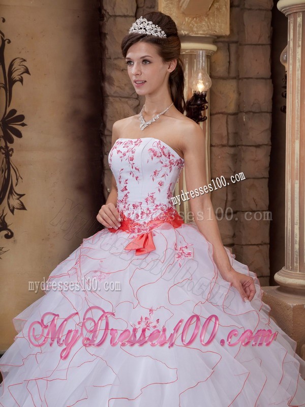 White Floor-length Strapless Organza Embroidery Quince Dress with Pink Belt