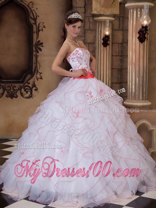 White Floor-length Strapless Organza Embroidery Quince Dress with Pink Belt