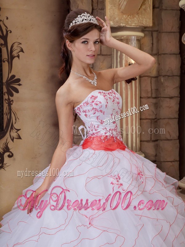 White Floor-length Strapless Organza Embroidery Quince Dress with Pink Belt