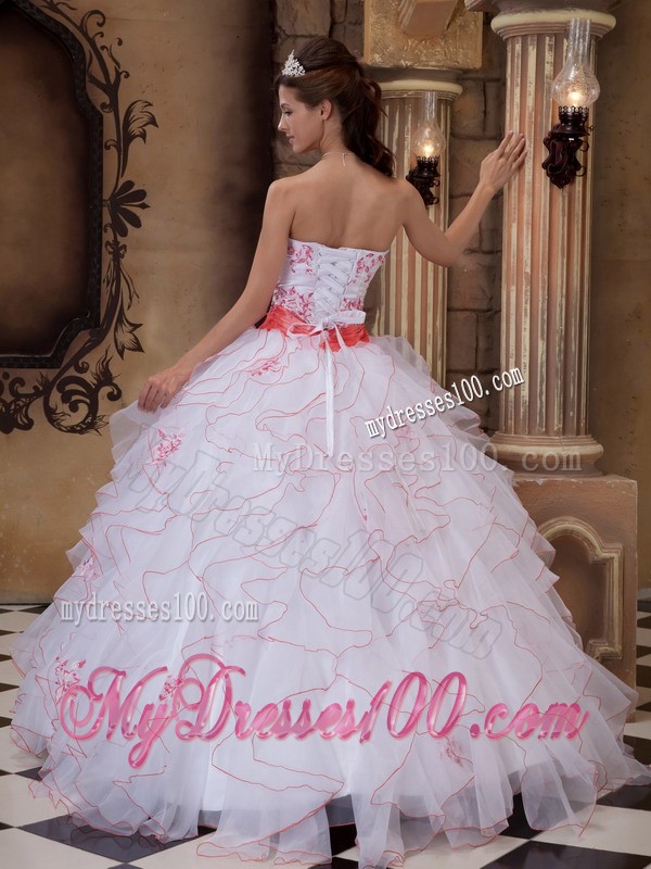 White Floor-length Strapless Organza Embroidery Quince Dress with Pink Belt
