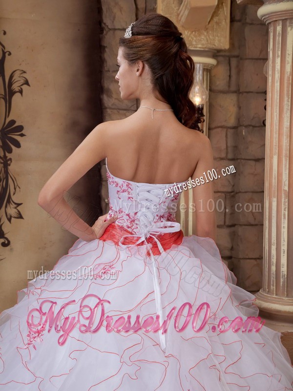 White Floor-length Strapless Organza Embroidery Quince Dress with Pink Belt