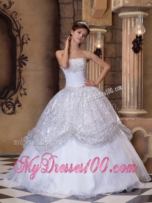 Exclusive Sequined White Strapless Pick-ups Sweet 16 Dresses with Tieback