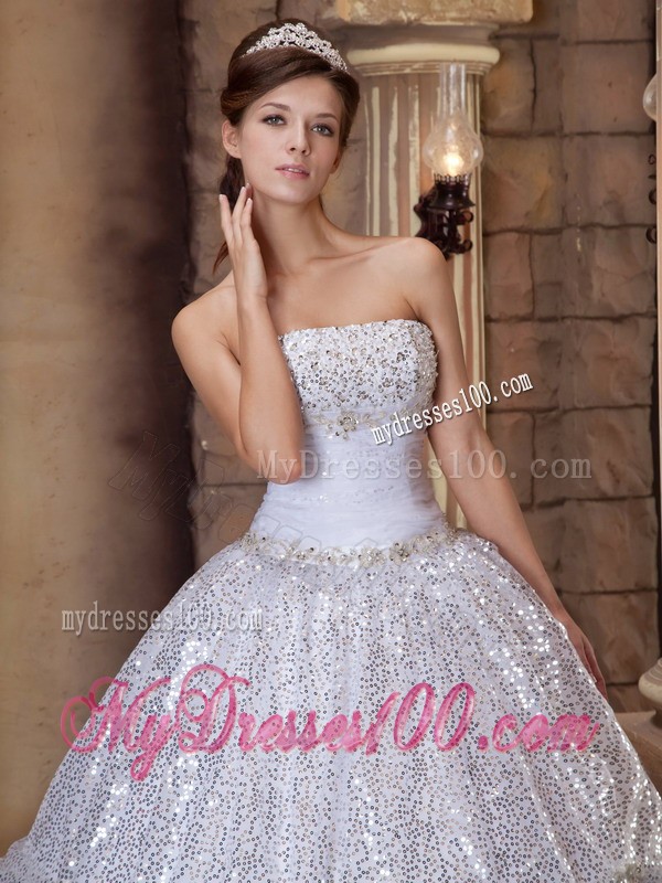 Exclusive Sequined White Strapless Pick-ups Sweet 16 Dresses with Tieback