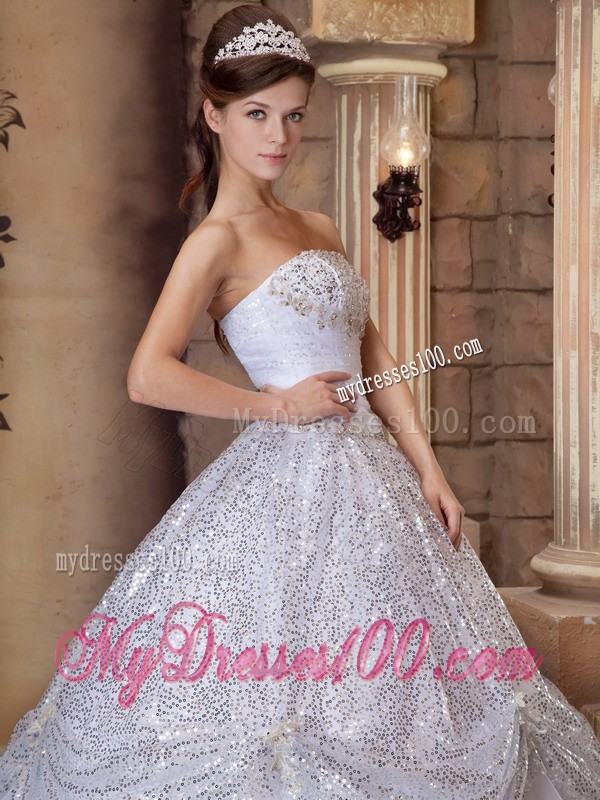 Exclusive Sequined White Strapless Pick-ups Sweet 16 Dresses with Tieback