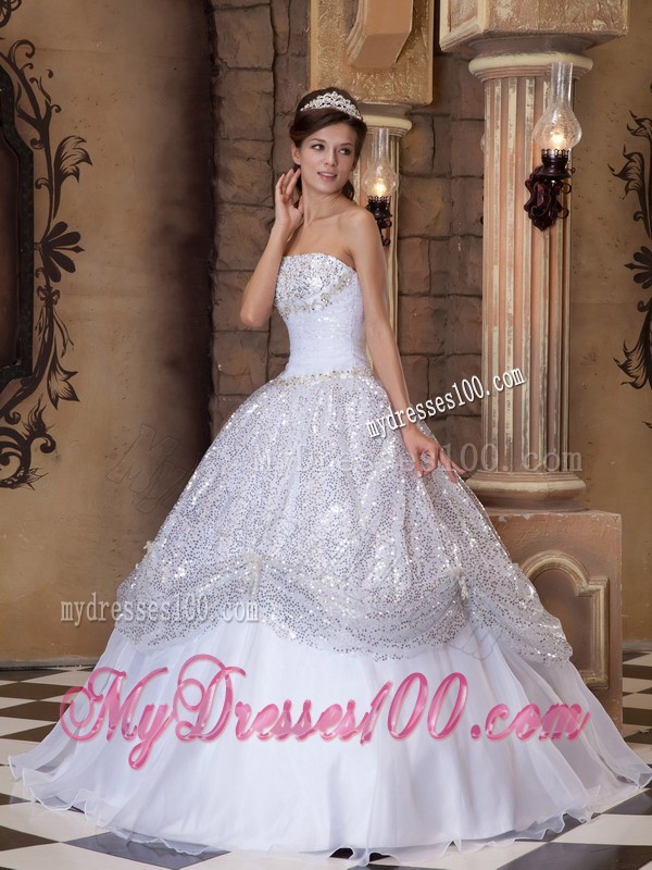 Exclusive Sequined White Strapless Pick-ups Sweet 16 Dresses with Tieback