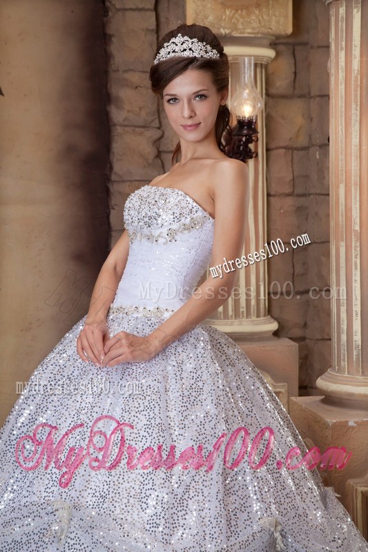 Exclusive Sequined White Strapless Pick-ups Sweet 16 Dresses with Tieback