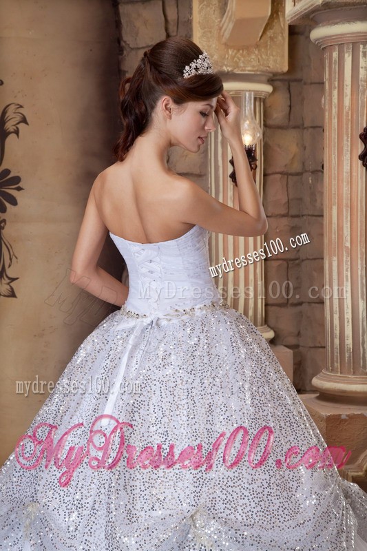 Exclusive Sequined White Strapless Pick-ups Sweet 16 Dresses with Tieback