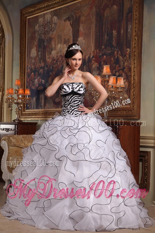 White Strapless Ruffles Organza and Zebra Quinceanera Dress