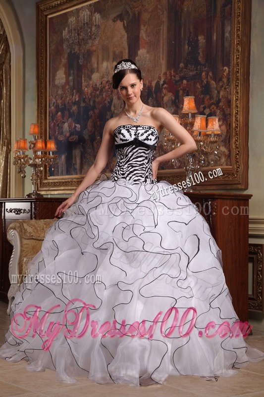 White Strapless Ruffles Organza and Zebra Quinceanera Dress