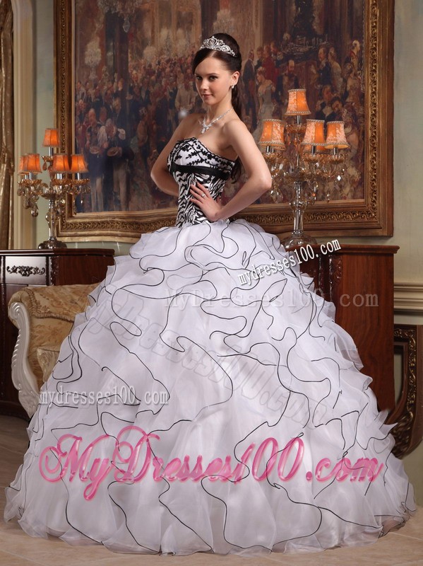 White Strapless Ruffles Organza and Zebra Quinceanera Dress