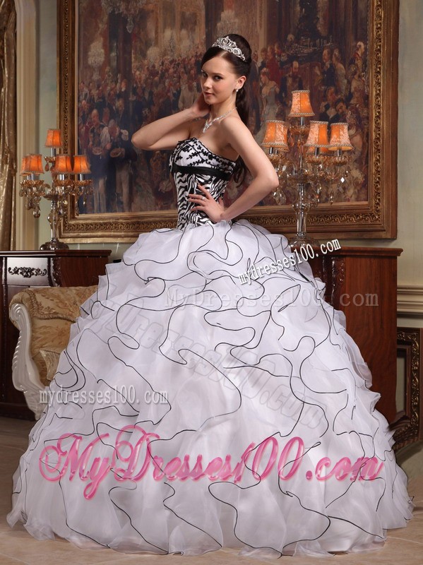 White Strapless Ruffles Organza and Zebra Quinceanera Dress