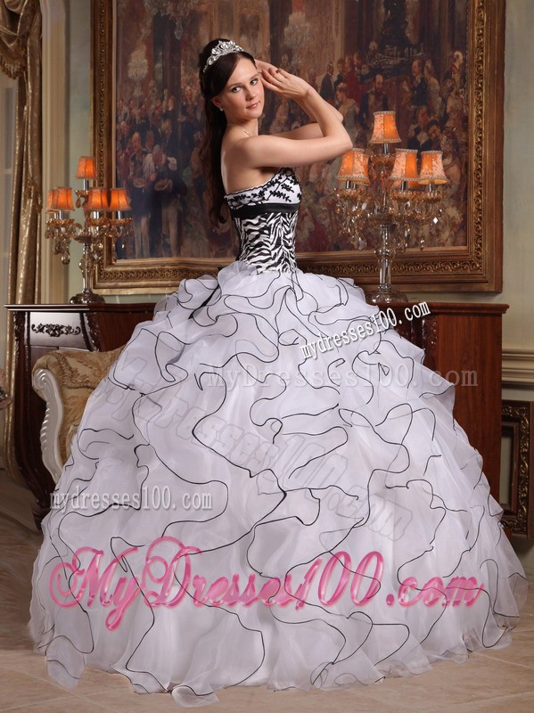 White Strapless Ruffles Organza and Zebra Quinceanera Dress
