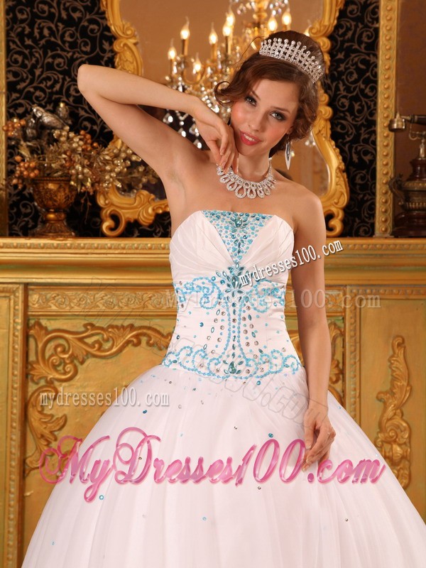 Beading White Strapless Satin and Organza Quinceanera Dress Floor-length