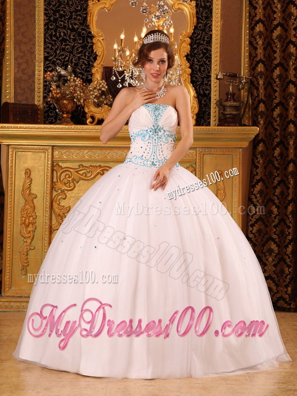 Beading White Strapless Satin and Organza Quinceanera Dress Floor-length