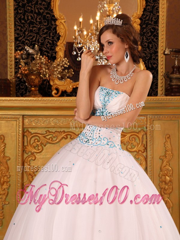 Beading White Strapless Satin and Organza Quinceanera Dress Floor-length