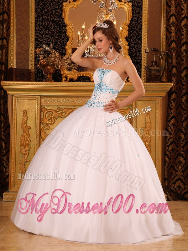Beading White Strapless Satin and Organza Quinceanera Dress Floor-length