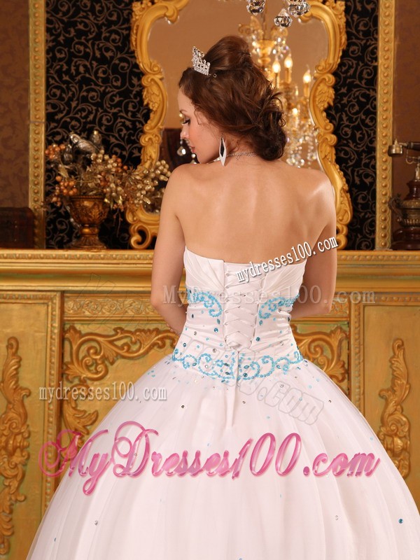 Beading White Strapless Satin and Organza Quinceanera Dress Floor-length