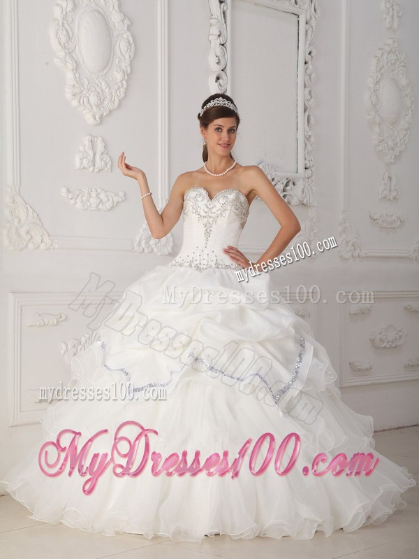 Sweetheart White Organza and Taffeta Beaded Sweet 15 Dress
