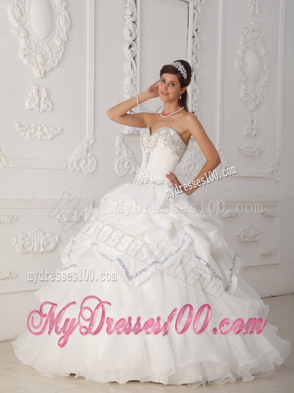 Sweetheart White Organza and Taffeta Beaded Sweet 15 Dress