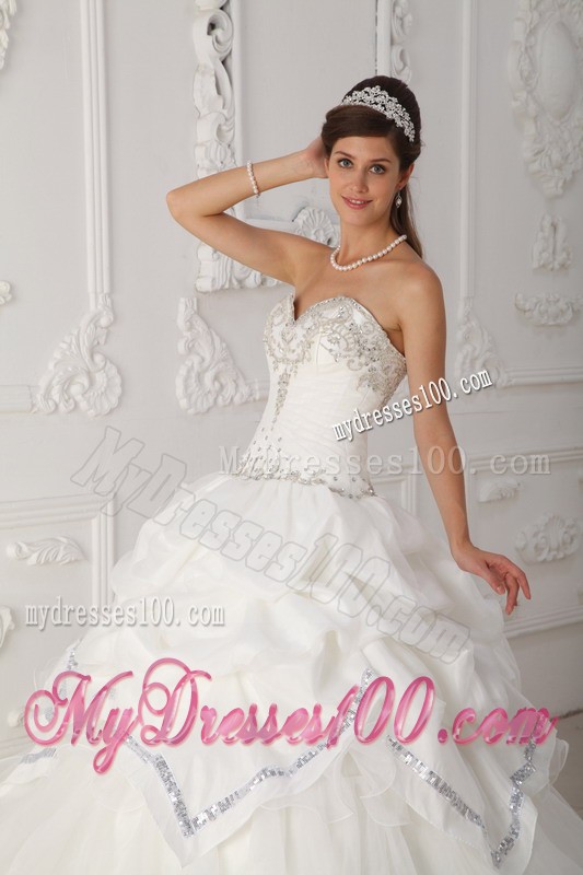 Sweetheart White Organza and Taffeta Beaded Sweet 15 Dress