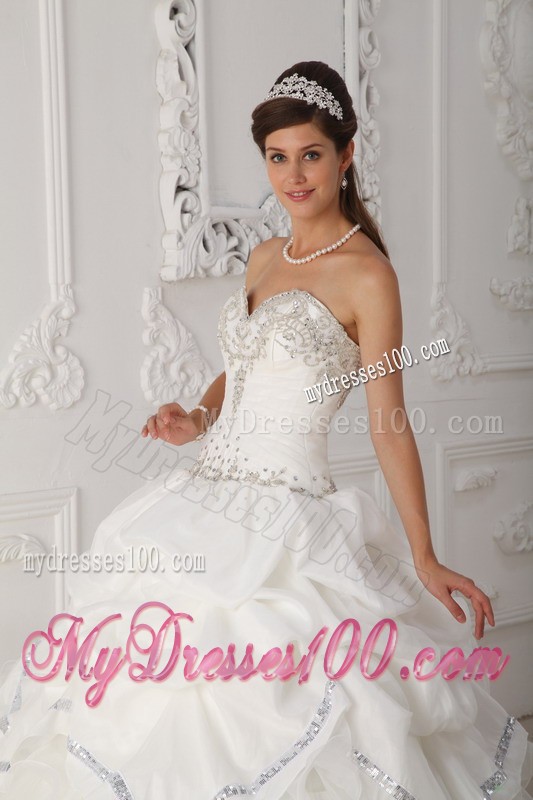 Sweetheart White Organza and Taffeta Beaded Sweet 15 Dress