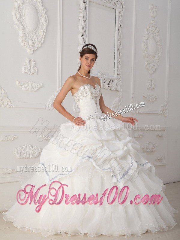 Sweetheart White Organza and Taffeta Beaded Sweet 15 Dress