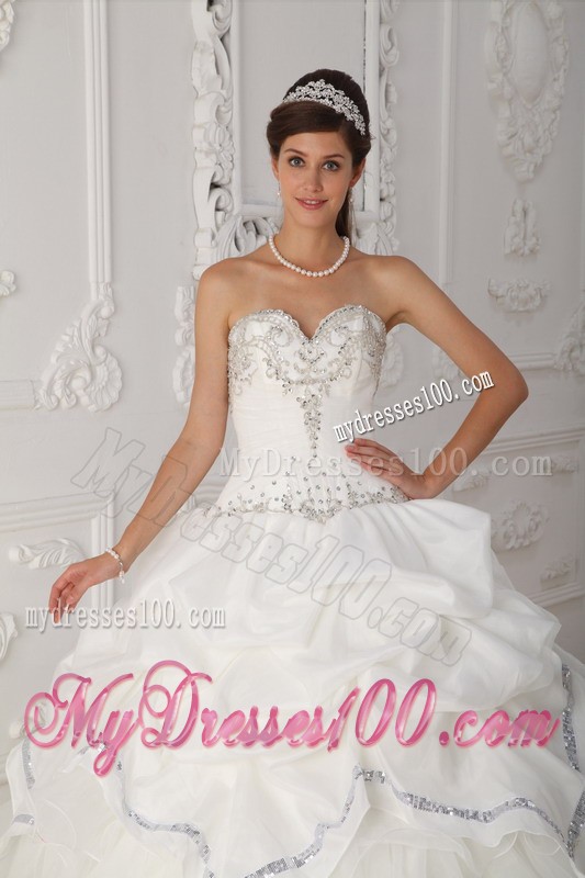 Sweetheart White Organza and Taffeta Beaded Sweet 15 Dress