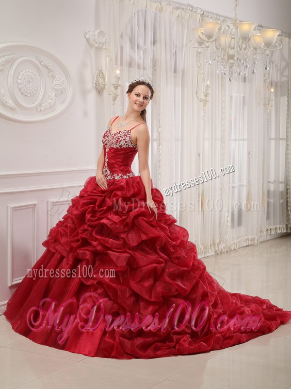 Wine Red Spaghetti Straps Court Train Beaded Quinceanera Dress