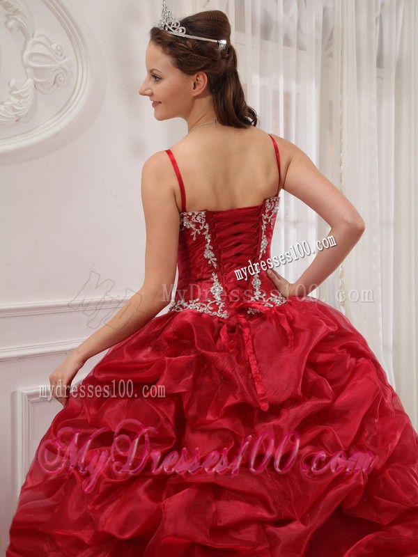 Wine Red Spaghetti Straps Court Train Beaded Quinceanera Dress