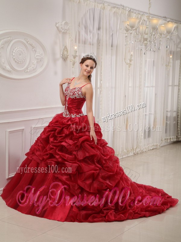Wine Red Spaghetti Straps Court Train Beaded Quinceanera Dress