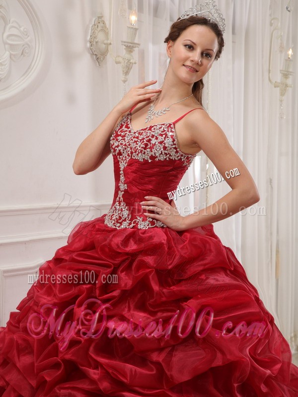 Wine Red Spaghetti Straps Court Train Beaded Quinceanera Dress