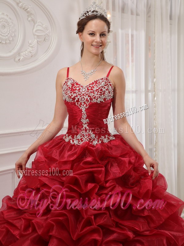 Wine Red Spaghetti Straps Court Train Beaded Quinceanera Dress