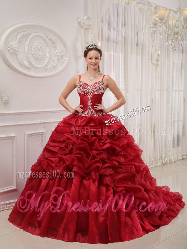 Wine Red Spaghetti Straps Court Train Beaded Quinceanera Dress