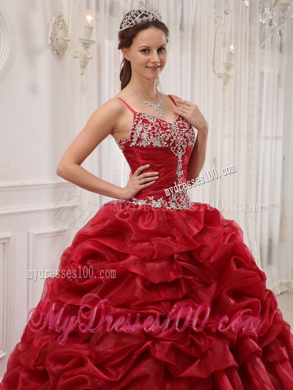 Wine Red Spaghetti Straps Court Train Beaded Quinceanera Dress