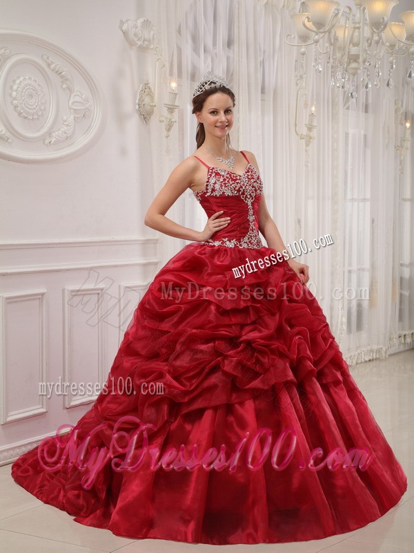 Wine Red Spaghetti Straps Court Train Beaded Quinceanera Dress