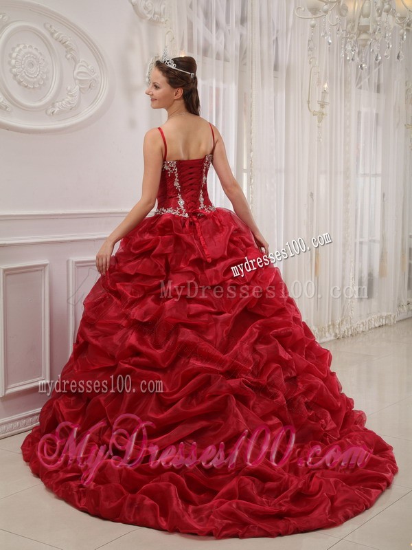 Wine Red Spaghetti Straps Court Train Beaded Quinceanera Dress