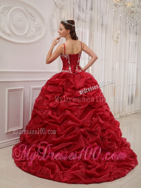 Wine Red Spaghetti Straps Court Train Beaded Quinceanera Dress