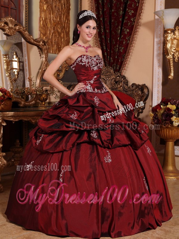 Burgundy Sweetheart Floor-length Appliqued Taffeta Quinceanera Dress