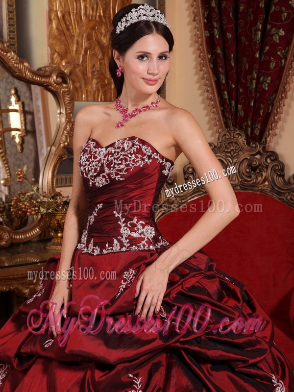 Burgundy Sweetheart Floor-length Appliqued Taffeta Quinceanera Dress
