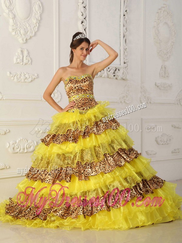 2013 Yellow A-Line Strapless Leopard Quinceanera Gown with Brush Train