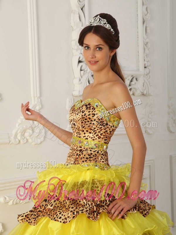 2013 Yellow A-Line Strapless Leopard Quinceanera Gown with Brush Train