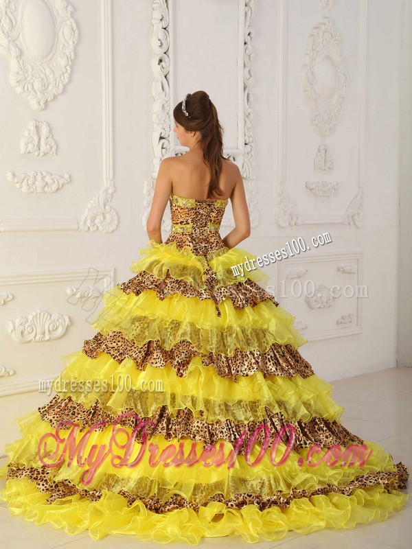 2013 Yellow A-Line Strapless Leopard Quinceanera Gown with Brush Train