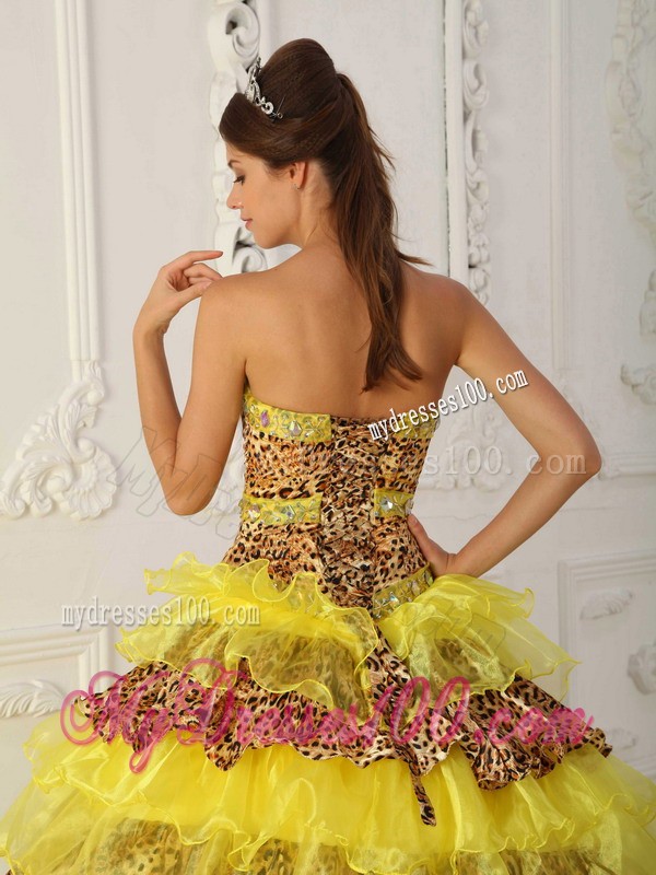 2013 Yellow A-Line Strapless Leopard Quinceanera Gown with Brush Train